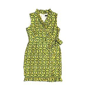 Alex Marie Petites Green Yellow Faux Wrap Dress Sleeveless Size 12P Bow Ruffle